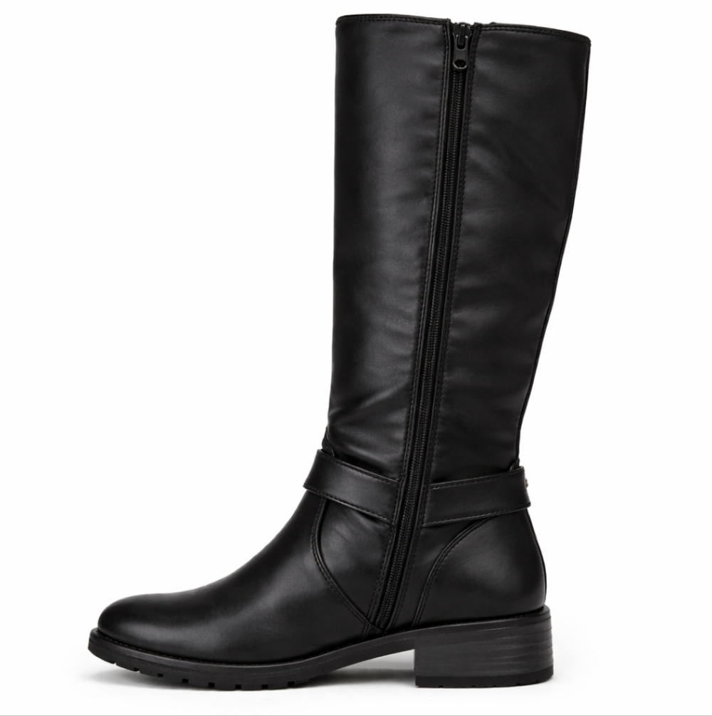 Michael Kors Tall Riding Boots Black Gold Logo Medallion Harness Buckle Sz 7 - Picture 4 of 6